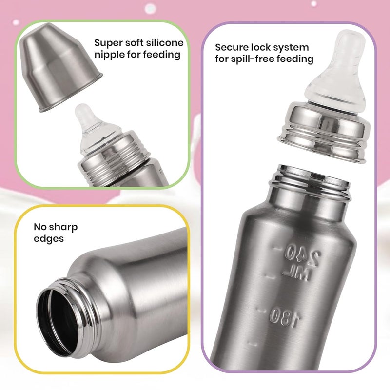 Nuluv Nourish+ Stainless Steel Feeding Bottle with Anti-Colic Silicone Nipple - 240ml - Image 2